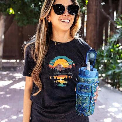 Peacock Half Gallon Water Bottle with Sleeve Water Bottle 64 Oz Water Bottle with Time Marker, Leakproof-Free Drinking Water Bottle, Sports Water Bottle Peacock Feather Half Gallon Water Jugs