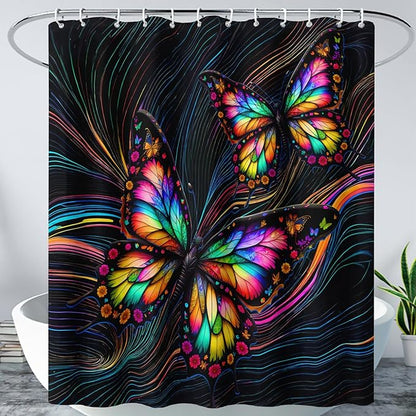 AILONEN Beautiful Butterfly Shower Curtain,Colorful Line Butterfly Bath Curtain for Bathroom for Boys,Girls,Boho Hippie Style Waterproof Fabric Shower Curtain Set with Hooks,60" W*72" H