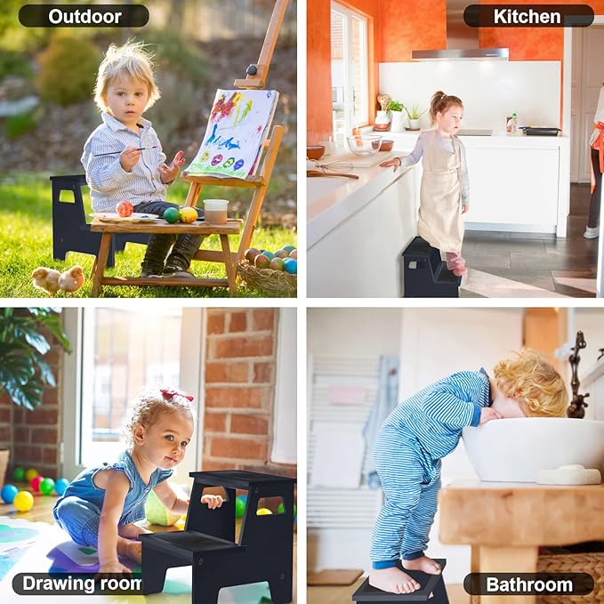 Kids Step Stools for Toddlers Bathroom Wood Toddler Step Stool Kitchen Counter Sink Baby Stepstools Bamboo Wooden Foot Bed Stool for Child Potty Training Toilet Stool Stepping Stool, Black with Pads
