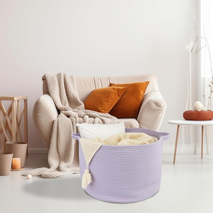 Large Cotton Rope Basket Blankets Basket Living Room 22"x14" Toy Basket for Kids Rope Storage Basket for Nursery Woven Laundry Basket for Clothes Baby Toy Storage round purple or Lavendor