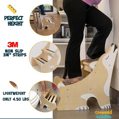 Crowned Cuddles - Premium Wooden Step Stool for Kids Toddler Step Stool, Kids Step Stool for Toddlers, Wood Step Stool for Kids Bathroom Sink, Kitchen Counter & Potty Stool (Natural)