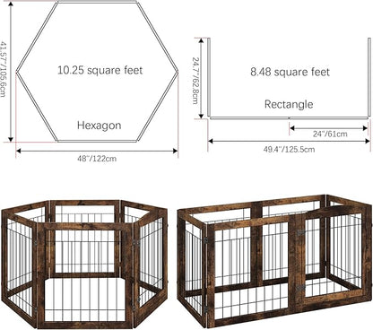 Folding No-Assembly Pet Gate 144" Wide, 30" Tall Wooden Dog Gate with Door Walk Through, Freestanding Wire Pet Gate, Pet Puppy Safety Fence, with 2PCS Support - Rustic Brown