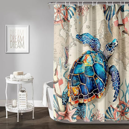 AILONEN Sea Turtle Shower Curtain, Retro World Map Voyage Coast Ocean Bath Curtain,Sea Turtle Bathroom Curtain Decor,Boys Adults Polyester Waterproof 72" W*96" H Shower Curtain (12 Hooks)