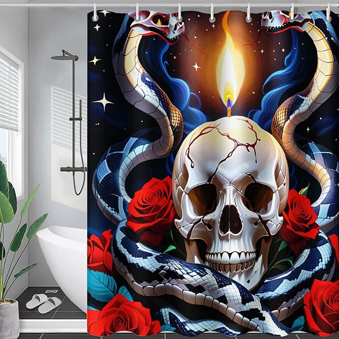 AILONEN Skull Shower Curtain for Bathroom,Red Rose Terror Snake Skull Bath Curtain,Goth Skull Skeleton Print Waterproof Curtain with 12 Plastic Hooks, 72" W*72" H