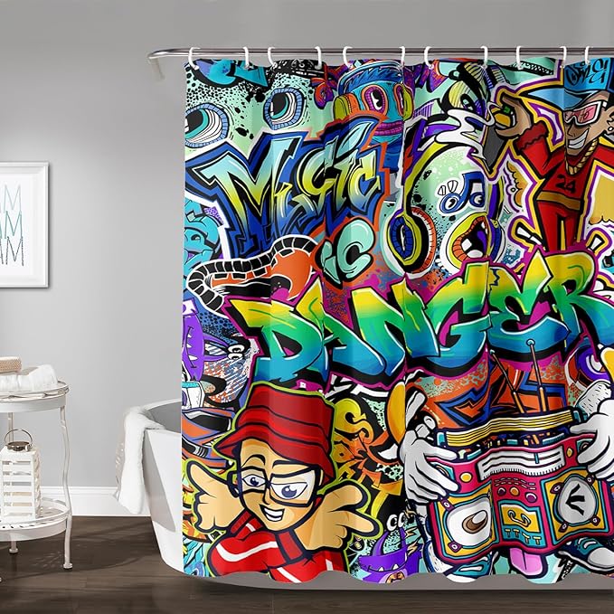AILONEN Hip Hop Graffiti Shower Curtain for Bathroom,Colorful Graffiti Music Dancer Bathroom Curtain for Kids Boys Girls,Bath Curtain 72" W*78" H Polyester Waterproof Bathroom Curtain with 12 Hooks