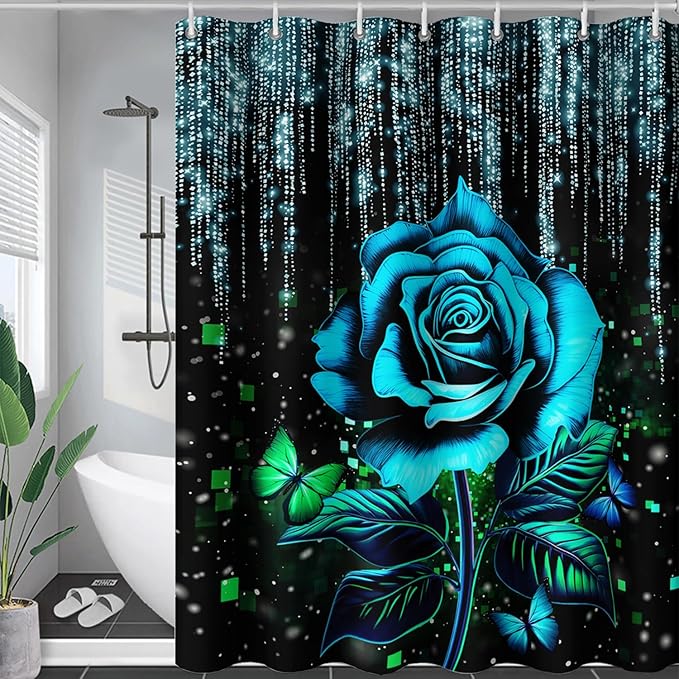 AILONEN Blue Rose Shower Curtain for Bathroom, Glitter Starry Flower Print Bath Curtain,Blue and Black Waterproof Floral Butterfly Shower Curtain Decoration with 12 Plastic Hooks, 48" W*72" H