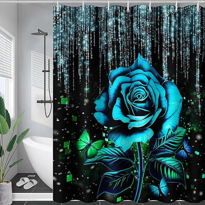AILONEN Blue Rose Shower Curtain for Bathroom, Glitter Starry Flower Print Bath Curtain,Blue and Black Waterproof Floral Butterfly Shower Curtain Decoration with 12 Plastic Hooks, 36" W*72" H