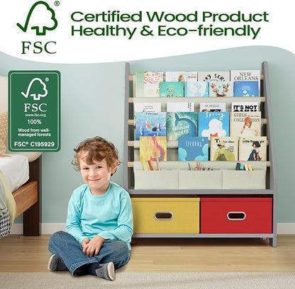 4 Tier Kids Book Shelf, Wooden Kids Book Rack, Grey Kids Bookshelf with Toy Storage Organizer, Toddler Sling Bookshelf for Boys, Girls, Kids Room, Red/Yellow