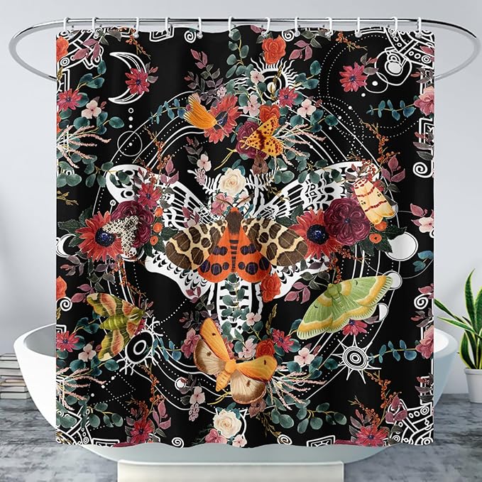 AILONEN Death Moth Shower Curtain,Sun Moon Shower Curtain Set for Kids Girls Boys,Boho Natural Plants Bathroom Decor Shower Curtain with 12 Hooks,36" W*72" H
