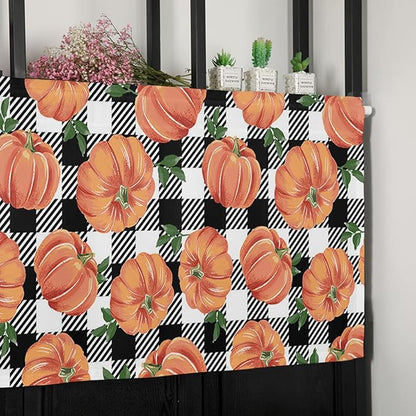 Fall Kitchen Curtains Valances for Windows Thanksgiving Halloween Pumpkins Rod Pocket Window Treatment for Kitchen /Living Room/Bedroom/ Bathroom,60" X 18"-1 Panel, Farmhouse Black White Buffalo Plaid