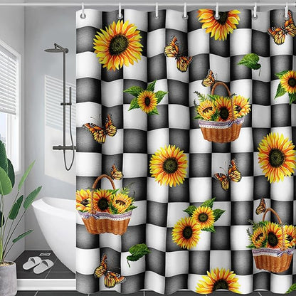 AILONEN Sunflower Shower Curtain for Bath Curtain,Black and White Grid Butterfly Bath Curtain,Garden Flower Yellow Floral Waterproof Shower Curtain 72" W x 96" H