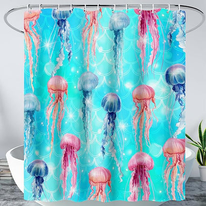 AILONEN Jellyfish Shower Curtain for Bathroom, Ocean Mermaid Scale Printed Bath Curtain,Modern Minimalist Blue Waterproof Fabric Shower Curtain Set with Hooks 72" W*84" H