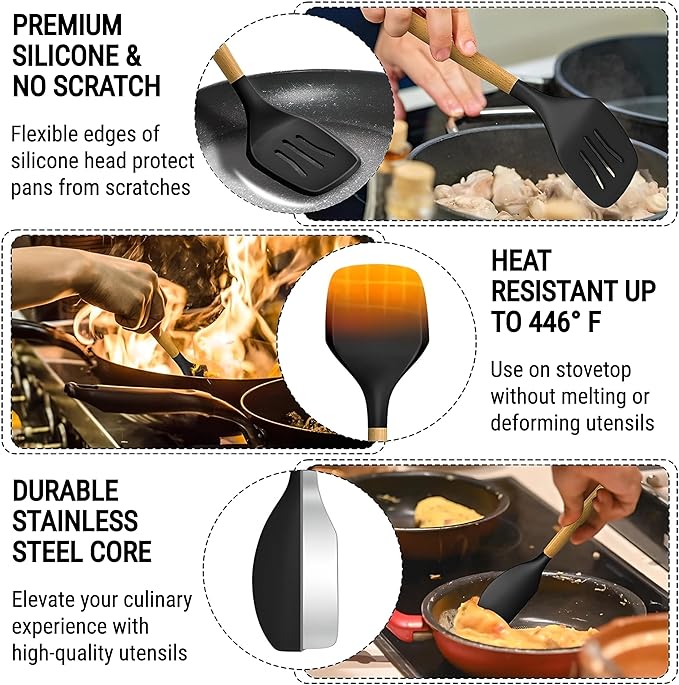 Kitchen Utensils Set, 33 pcs Non-Stick Silicone Cooking Utensils Set, Heat-Resistant Silicone, Wooden Utensils for Cooking, Kitchen Gadgets Spatula Set, Apartment Essentials Kitchen Set (Black)