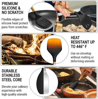 Kitchen Utensils Set, 33 pcs Non-Stick Silicone Cooking Utensils Set, Heat-Resistant Silicone, Wooden Utensils for Cooking, Kitchen Gadgets Spatula Set, Apartment Essentials Kitchen Set (Black)