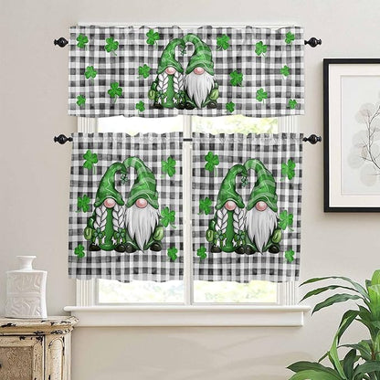 St. Patrick's Day Kitchen Curtains and Valances Set, Buffalo Plaid Shamrock Gnome Window Tiers Spring Holiday Farmhouse Decor Half/Short Curtains for Small Windows Cafe /Living Room/ Bedroom 54x24