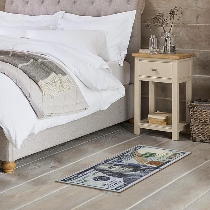 Machine Washable $100 Bill Design Non-Slip Rubberback 17x43 Modern Runner Rug for Hallway, Kitchen, Bedroom, 17" x 43", Multicolor