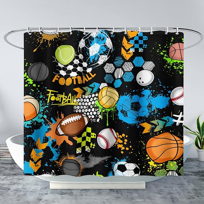 AILONEN Graffiti Sport Shower Curtain,Boys Graffiti Basketball Football Baseball Rugby Sport Bath Curtain Minimalist Bathroom Curtain 72" W*72" H Polyester Waterproof Bathroom Curtain with 12 Hooks