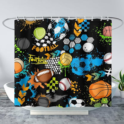 AILONEN Graffiti Sport Shower Curtain,Boys Graffiti Basketball Football Baseball Rugby Sport Bath Curtain Minimalist Bathroom Curtain 72" W*72" H Polyester Waterproof Bathroom Curtain with 12 Hooks