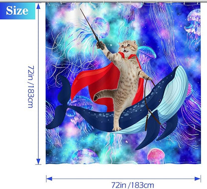 Aimego Funny Cat Shower Curtains - Cute Cat Riding Whale Shark on Space Galaxy Fantasy Jellyfish Fun Shower Curtain Set with 12 Hooks for Adults Kids Bathroom Decor Accessories, 72"x72"