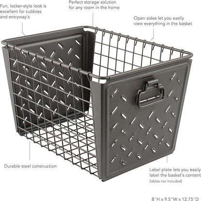 Spectrum Diversified Macklin, Stamped Steel & Wire Basket for Closet & Cubby Storage Vintage-Inspired Design with Customizable Label Plate, Medium, Industrial Gray, 1 Count (Pack of 1)