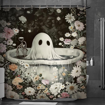 Halloween Ghost Gothic Funny Shower Curtain 60Wx72L Inch Horror Spooky Scary Flower Floral Holiday Bathroom Set Accessories Decor with 12 Pack Hooks