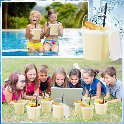 24 Pcs 33.8 oz Rum Buckets for Drinks Cocktails Plastic Square Drink Bucket with Lids and Handle 200 Pcs Motivational Sticker 20 Pcs Straw, Reusable Ice Cream Buckets for Summer Parties Snack