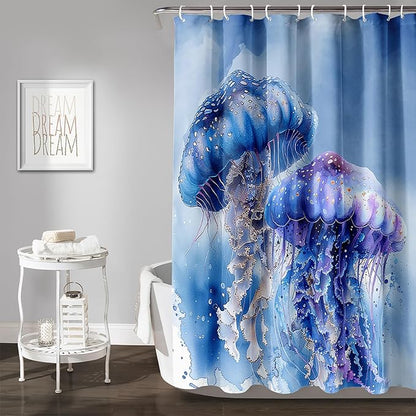 AILONEN 3D Jellyfish Shower Curtain,Beautiful Jellyfish Shower Curtain for Bathroom,Watercolor Blue Ocean Waterproof Fabric Shower Curtain Set with Hooks,72" W*84" H
