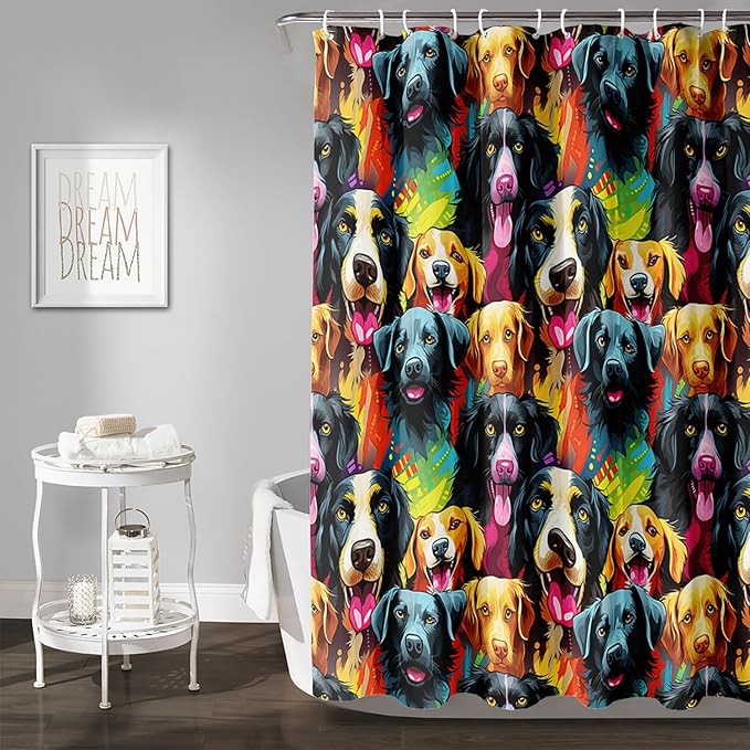 AILONEN Cartoon Dog Shower Curtain Set, Lovely Colourful Puppy Shower Curtain for Bathroom,Rainbow Gradient Puppy Waterproof Fabric Bath Curtain with Hooks,72" Wx72 H