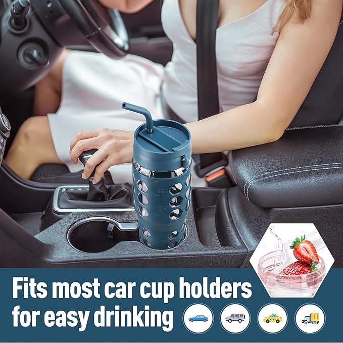 MUKOKO 32 oz Glass Tumbler with Straw,Glass Water Bottles with Time Marker,Iced Coffee Cup with 2 Lids-Handle Spout Lid&Straw Lid,Silicone Sleeve,Leakproof,1 Pack-Blue