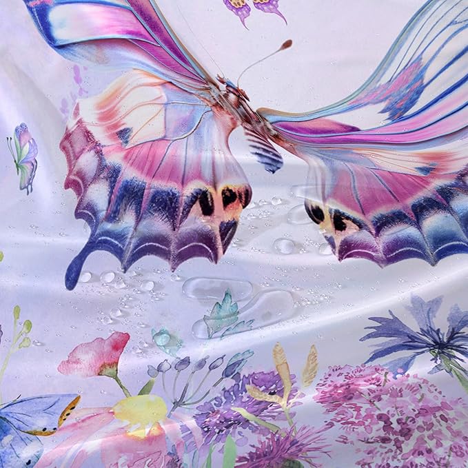 AILONEN Colorful Butterfly Shower Curtain for Girl Women,Purple Flower Beautiful Butterfly Printed Bath Curtain 72" W*72" H Polyester Fabric Waterproof Bathroom Bathtub Curtain with 12 Hooks