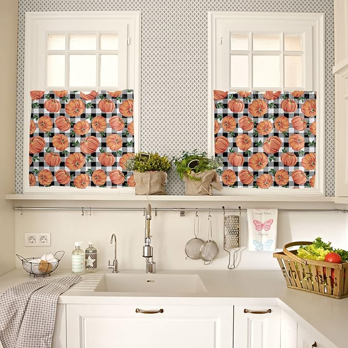 Fall Kitchen Curtains and Valances Set, Thanksgiving Halloween Pumpkins Small Windows Treatments Tiers Half/Short Curtains forCafe /Living Room/Bedroom 54x24 in, Farmhouse Black White Buffalo Plaid
