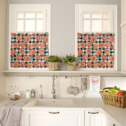 Fall Kitchen Curtains and Valances Set, Thanksgiving Halloween Pumpkins Small Windows Treatments Tiers Half/Short Curtains forCafe /Living Room/Bedroom 54x24 in, Farmhouse Black White Buffalo Plaid