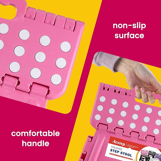 ACSTEP Folding Step Stool for Adults-11 Height Lightweight Plastic Stepping Stool. Foldable Step Stool Hold up to 300lbs Non Slip Collapsible Stool Pink