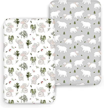 ACRABROS Crib Sheets for Girl Boy: Stretchy Baby Fitted Crib Mattress Sheets Sets 2 Pack Standard Size Ultra Soft Neutral, Elephants&Polar Bears