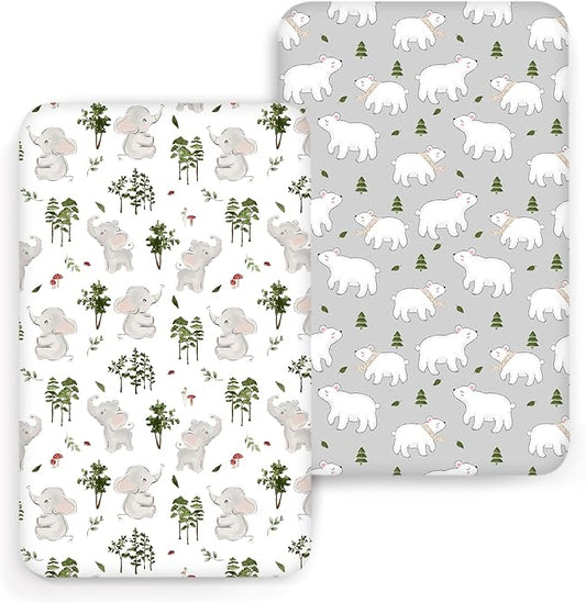 ACRABROS Crib Sheets for Girl Boy: Stretchy Baby Fitted Crib Mattress Sheets Sets 2 Pack Standard Size Ultra Soft Neutral, Elephants&Polar Bears