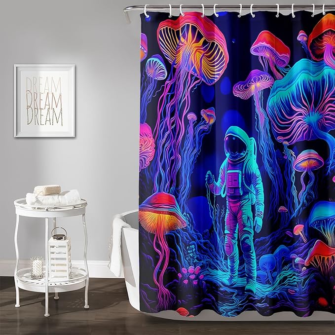 AILONEN Magic Mushroom Shower Curtain,Cartoon Astronaut Shower Curtain Set for Bathroom,Boho Style Jellyfish Waterproof Fabric Bath Curtain for Kids Girls Boys, 60" W*72" H