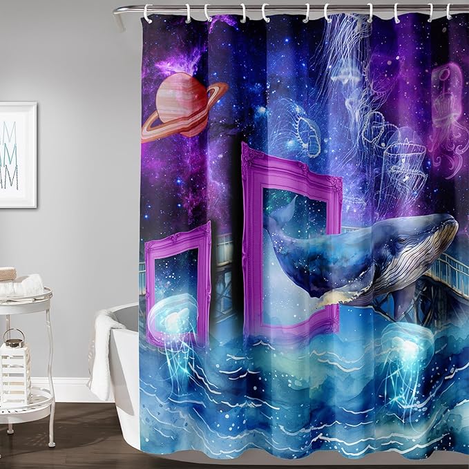 AILONEN 3D Whale Shower Curtains,Purple Galaxy Bath Curtains,Ocean Jellyfish Curtains for Kids Girls,Polyester Waterproof for Bathroom with 12 Hooks,36" W*72" H Purple