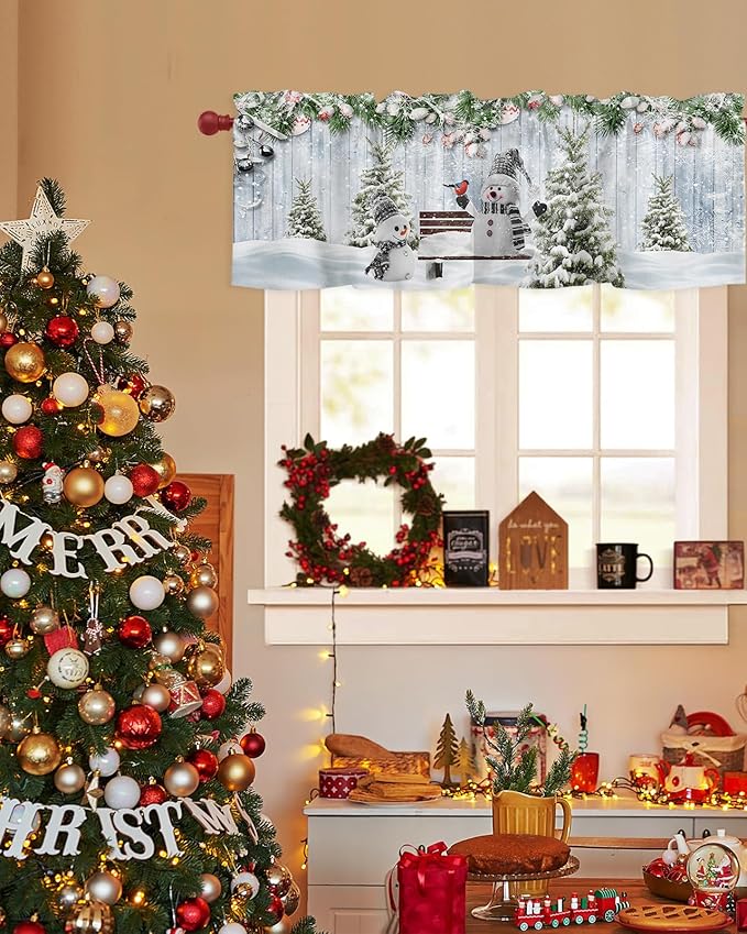 Merry Christmas Valance Curtains for Kitchen Windows Xmas Snowman Snowy Pine Tree Rod Pocket Window Treatment Toppers for Kitchen/Living Room/Bedroom/Bathroom, 42" X 12", Blue Winter