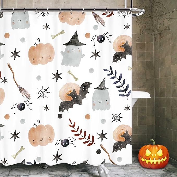 Halloween Kids Shower Curtain 60Wx72L Inch Cute Cartoon Ghost Pumpkin Shower Curtain Bathroom Set Bat Spider Web Wizard Hat Funny Stars Leaves Bath Curtain Bathtub Accessories Home Decor