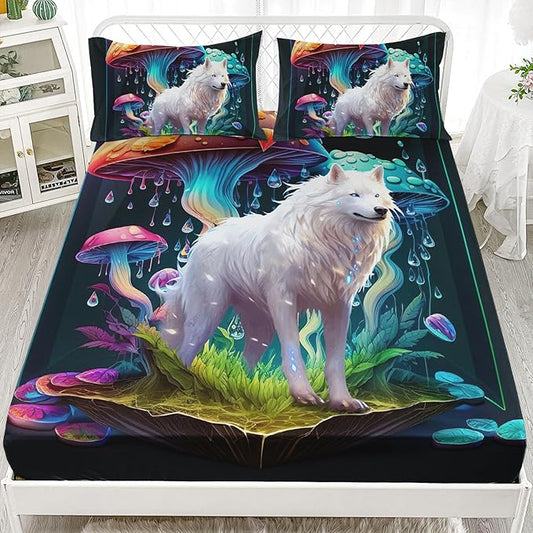 AILONEN White Wolf Fitted Sheet Set Twin XL Size, Cartoon Mushroom and Cute Wolf Bed Sheet Set,3 Pieces Rain Mushroom Fitted Sheet with 2 Pillowcases for Boys Girls
