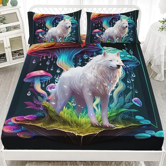 AILONEN White Wolf Fitted Sheet Set Twin Size, Cartoon Mushroom and Cute Wolf Bed Sheet Set,3 Pieces Rain Mushroom Fitted Sheet with 2 Pillowcases for Boys Girls