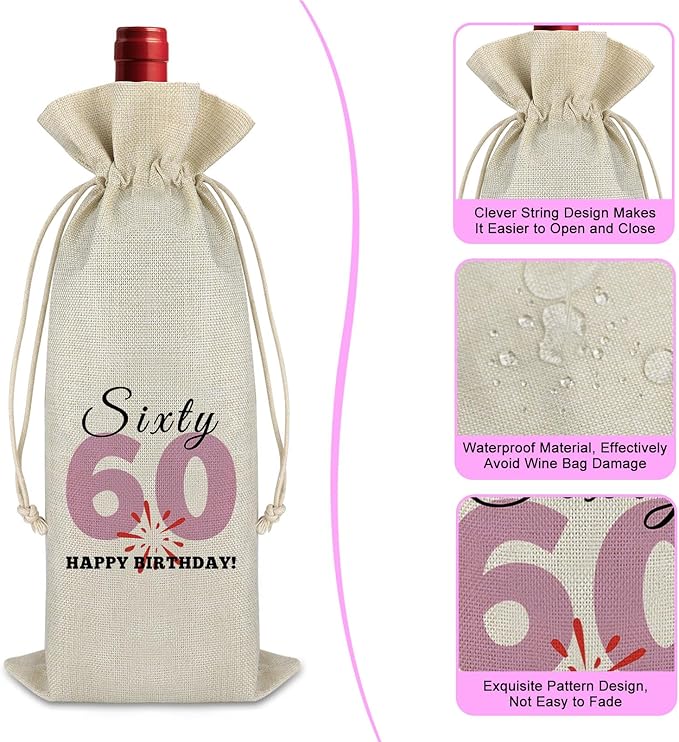 60th Birthday Gift Wine Bag Happy 60th Birthday Gift for Men Women 60 Year Old Birthday Party Decors Turning 60 Gift for Grandma Grandpa Happy Sixty Birthday Burlap Wine Gift Bag Retirement Gift