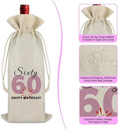 60th Birthday Gift Wine Bag Happy 60th Birthday Gift for Men Women 60 Year Old Birthday Party Decors Turning 60 Gift for Grandma Grandpa Happy Sixty Birthday Burlap Wine Gift Bag Retirement Gift