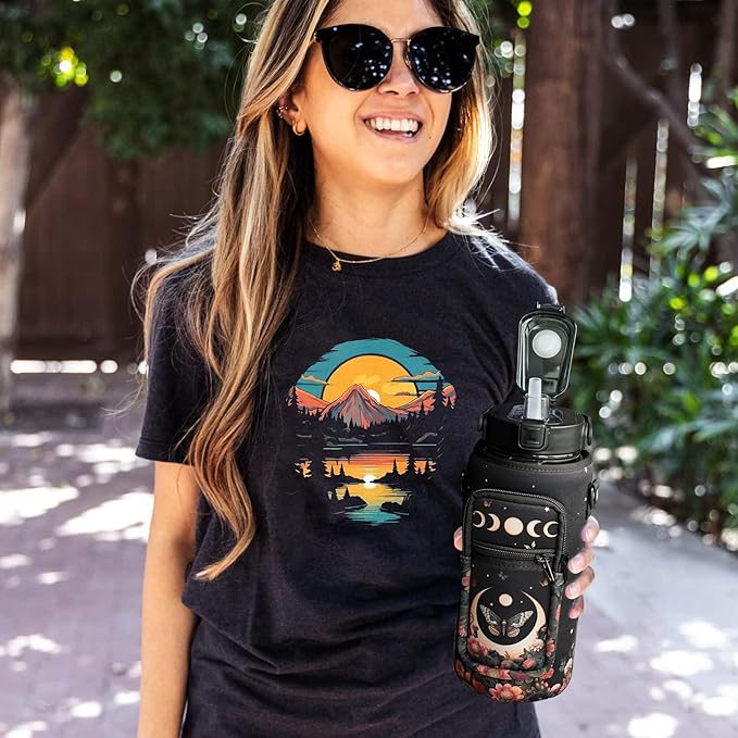 Moon Butterfly Flower Half Gallon Water Bottle with Sleeve, 64 Oz Water Bottle with Measurements Marked, Leakproof-Free Drinking Water Bottle, Sports Water Bottle BPA Free Half Gallon Water Jugs