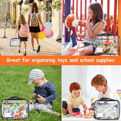 4 Pack Toy Storage Organizer Bag for Lego Bricks, Clear PVC Zippered Block Set with Manual Pocket& Name Tag, Waterproof Toy Carrying Case for Board Games, Building Blocks& Puzzles (Large Black)