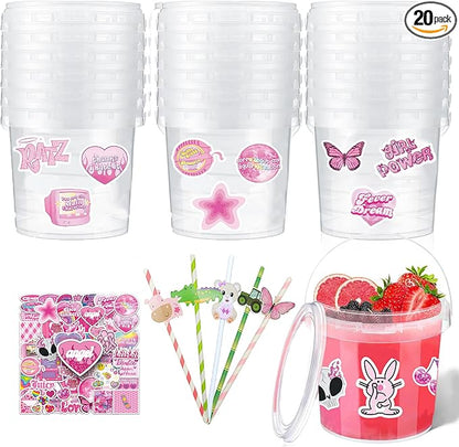20 Pcs 34 oz Ice Cream Buckets with Lids and Handles Cocktail Rum Buckets for Drinks With 100 Pcs Pink Girl Stickers 20 Pcs Cute Straws Reusable Food Storage Containers for Party Summer Beach Supplies