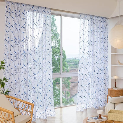 Windows Sheer Curtains Embroider Blue Leaf 108 Inches Length 2 Panels Voile Light Filtering Sheer Curtains Panel Basic Rod Pocket for Bedroom Living Room Children Room