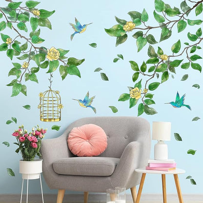Amaonm Removable PVC Two Tree Branches With Green Leaves wall Sticker DIY Peel and Stick Flower and Birds Wall Decals Decor for Kids Girls Boys Bedroom Living Room Nursery Classroom Playroom Wall Background Decoration