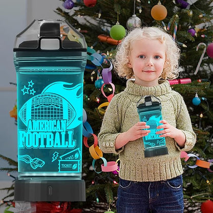 Kids Sports Water Bottles, Football 3D Glowing Drink Bottle with Led Light -Tritan BPA Free & Easy Clean & Carry Handle, 14oz, Football Gifts for Birthday, Christmas