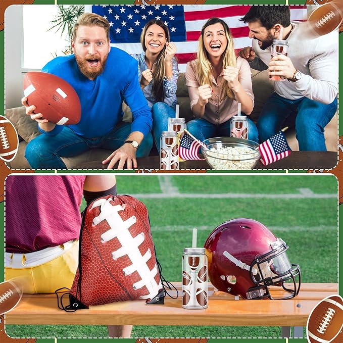 20 Pack Cups with Lid and Straw 14.2 oz Reusable Tumbler Clear Plastic Drinking Cups with 20 Pack Drawstring Bag for Birthday School Sport Decorations Party Supplies (Football)